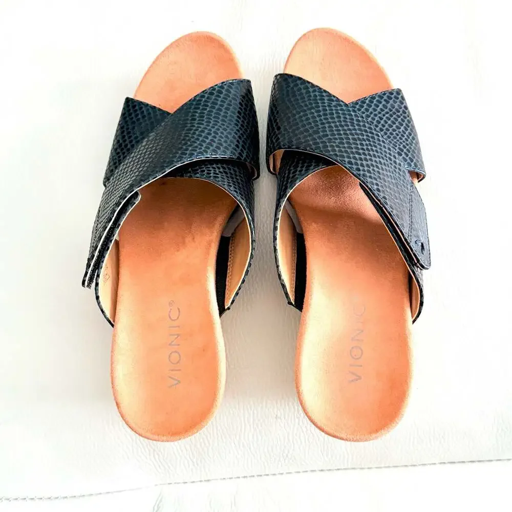 Vionic Leticia Black Lizard Embossed Cork Wedge Sandals